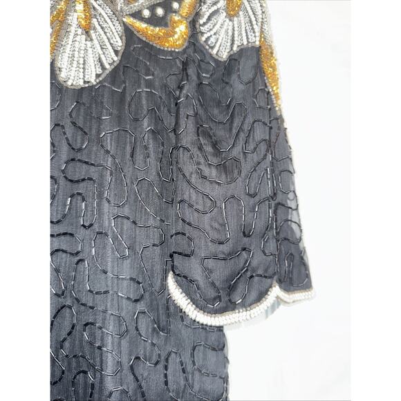 Vintage Lawrence Kazar Sz L Beaded Silk Top Black Gold Silver Embellished Party - Picture 4 of 11